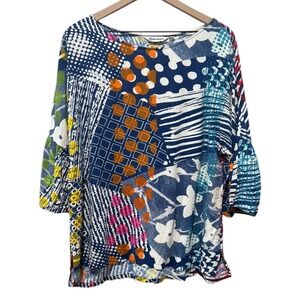 Jams World Top Women Sz L Patchwork Floral Abstract Colorful‎ Artsy Hawaii USA